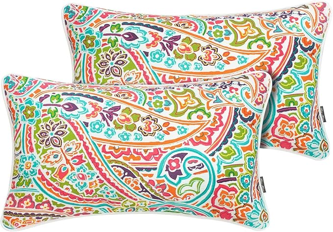 FUNHOME Set of 2 Outdoor Lumbar Pillows with Insert, 12”x20” Water-Repellent Fade Resistant Patio Lumbar Pillow, Decorative All Weather Lumbar Pillows for Home Coach Sofa Use-Melora Paisley