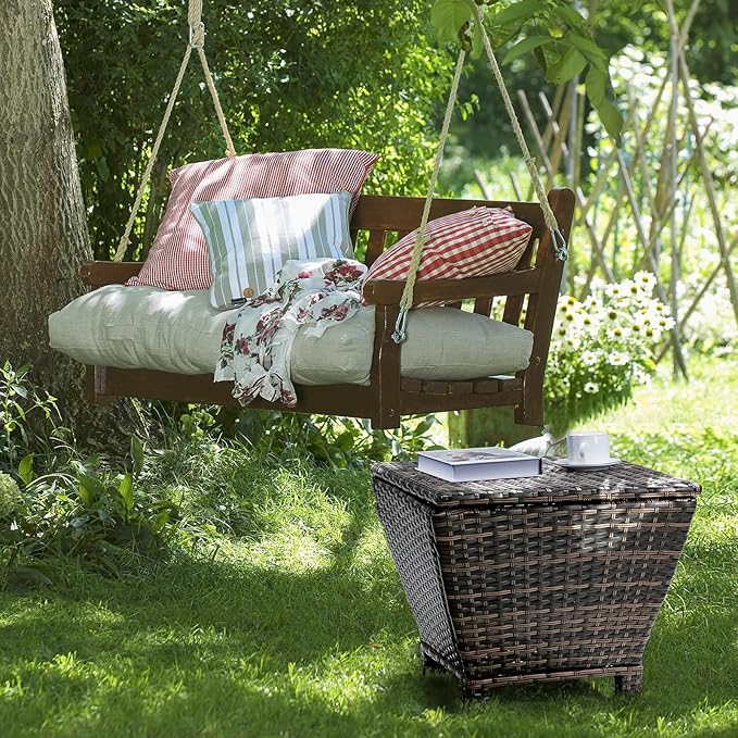 VINGLI 13 Gallon Outdoor Deck Box, Wicker Outdoor Storage Box with Lid, Small Storage Bin Container for Outside and Patio, Patio Rattan Side Table for Yard Porch (Brown, Trapezoidal)