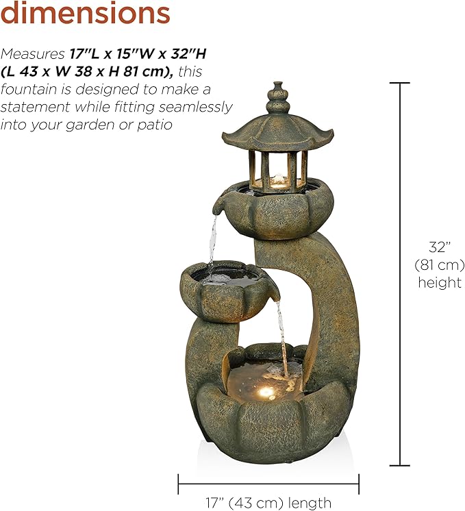 Alpine Corporation WIN1688 32" 2-Layer Pagoda Polystone Fountain with LED Lights, Cascading Waterfall, Outdoor Garden and Patio Water Feature, Zen Décor, Relaxing Sound, Brown