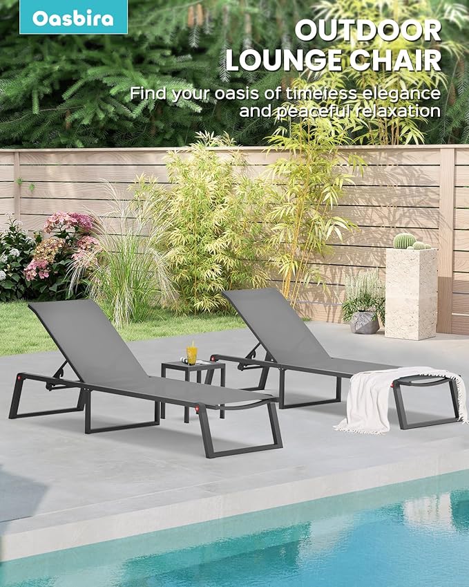 Aluminum Patio Chaise Lounge Set of 2 with 1 Side Table, Foldable Outdoor Pool Lounge Chairs 5-Position Recliner for Outside Poolside, Fully grounded legs Sun Lounger for Beach, Yard, Dark Gray
