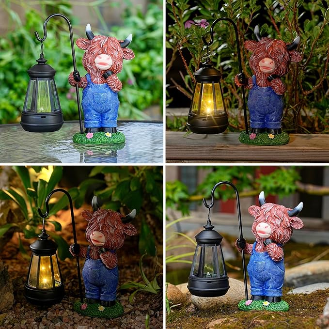Solar Highland Cow Statue for Garden Decor: Outdoor Highland Cattle Sculpture with Lantern Clearance for Yard Balcony Lawn Patio Ornaments - Gifts for Mom Women Grandma