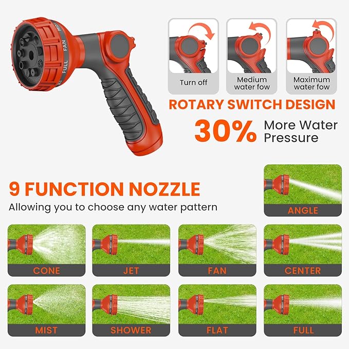 Upgraded Retractable Garden Hose 5/8 in x 90 ft Heavy Duty Wall-Mounted Hose Reel 180°Swivel Automatic Slow Return Any Length Lock 9 Pattern Nozzle UV Resistant (Black)