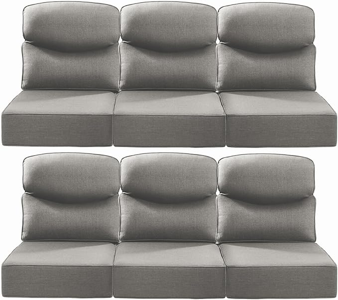 Luxury 22x24/22x25 6-Inch Smile Patio Cushions for Outdoor Furniture Set of 6 - Thick Back & Deep Seat Outside Chair Cushions for Rattan Metal Glider Loveseat Sectional Sofa - Grey