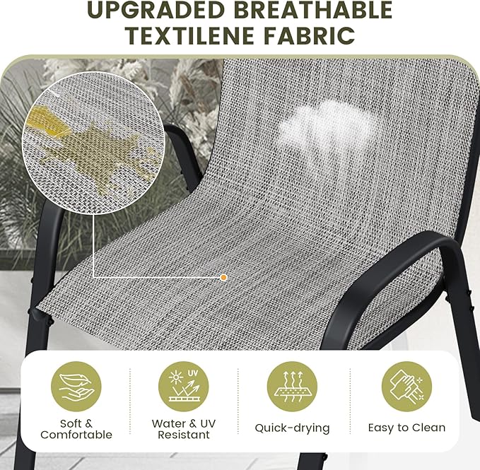 UDPATIO Patio Dining Set of 7, Outdoor Table and Chairs Set with Square Metal Table, 6 Stackable Patio Chairs with High Back, Outdoor Furniture for Deck Garden Backyard Lawn Poolside (Light Grey)