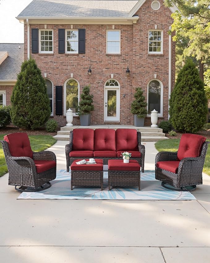 Pop 22x25/22x24 Outdoor Furniture Cushions Set of 6 - Comfortable Patio Chair Cushion for Rattan Wicker Dining Rocking Swivel Chairs Loveseat Couch L-Shape Sectional Sofa - Red/Button