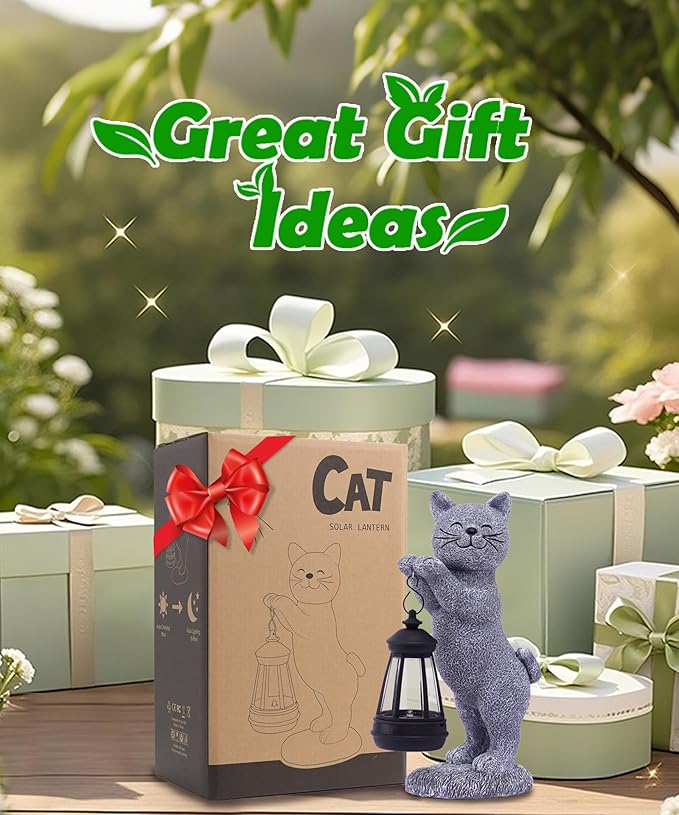 Solar Cat Garden Statues for Outdoor: Outside Sculpture Lantern Decor for Yard Lawn Porch Patio Balcony Decorations Gifts for Grandma Mom Women