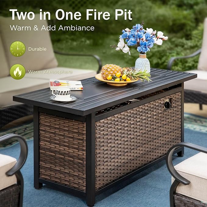 Patio Furniture Set with 56" Fire Pit Table, Premium Outdoor Wicker Metal Frame Furniture with Upgraded Waterproof Thick Cushions for Porch, Poolside, Deck, and Yard（4 Pieces,Navy