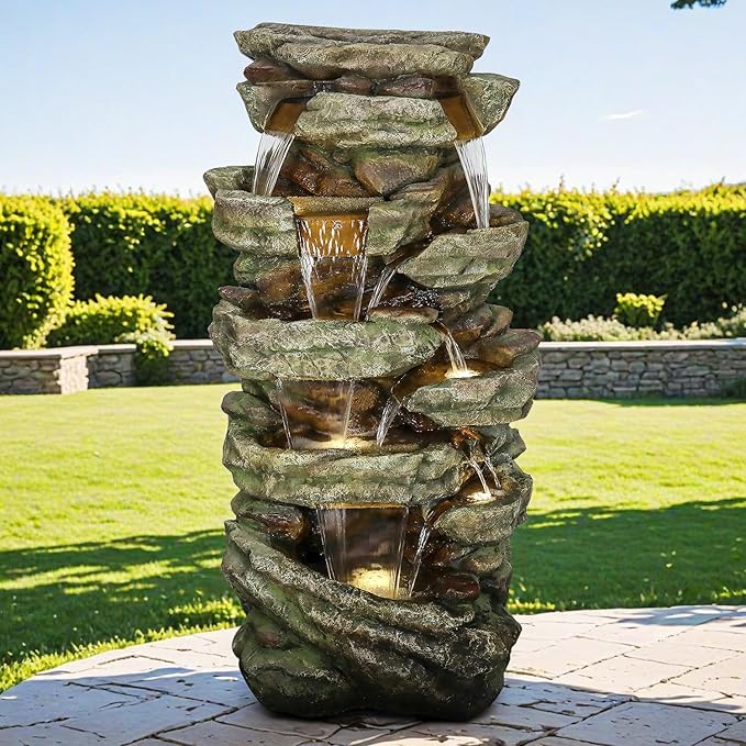 Naturefalls 59inches Outdoor Rock Water Fountain with LED Lights - Multi-Tiers Poly-Resin Cascading Waterfall Fountain for Garden, Patio, Yard, Home Decor
