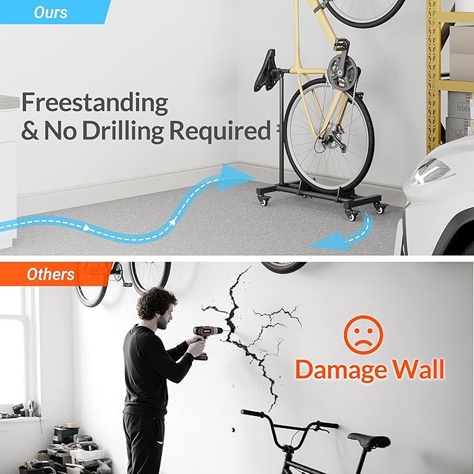 Vertical Bike Stand, Freestanding Bike Rack Garage Storage Upright Bicycle Floor Stand Indoor Bike Holder with Adjustable Height for Garage & Apartment - for Wheels Sizes up to 29”
