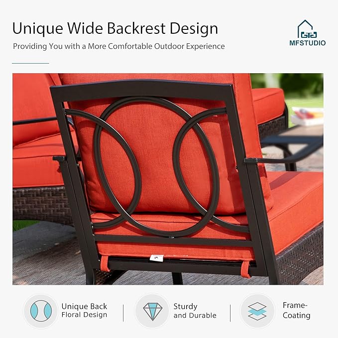 MFSTUDIO 4 Pieces Outdoor Patio Furniture Set, Metal Outdoor Conversation Set, Rattan Wicker Patio Sectional Sofa Set with 2 x Rocking Single Sofa, 3-Seat Sofa, 1 x Coffee Table, Red