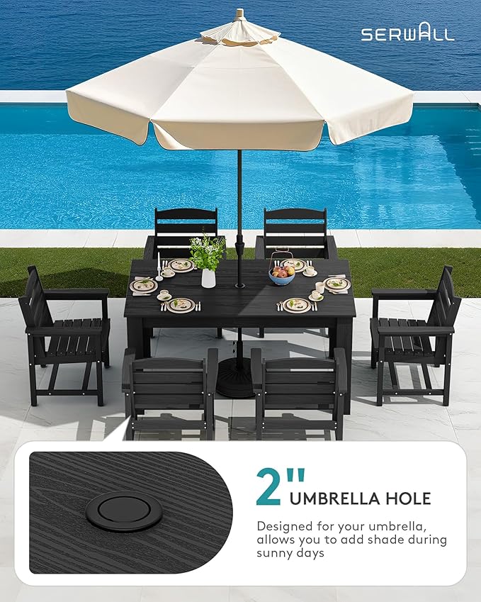 SERWALL Patio Dining Sets for 8, Outdoor Dining Sets for 8 Person with 2 Umbrella Hole Cut-Out Rectangular Tables and 8 Chairs, HDPE Dining Sets for Garden, Backyard, Poolside, Black
