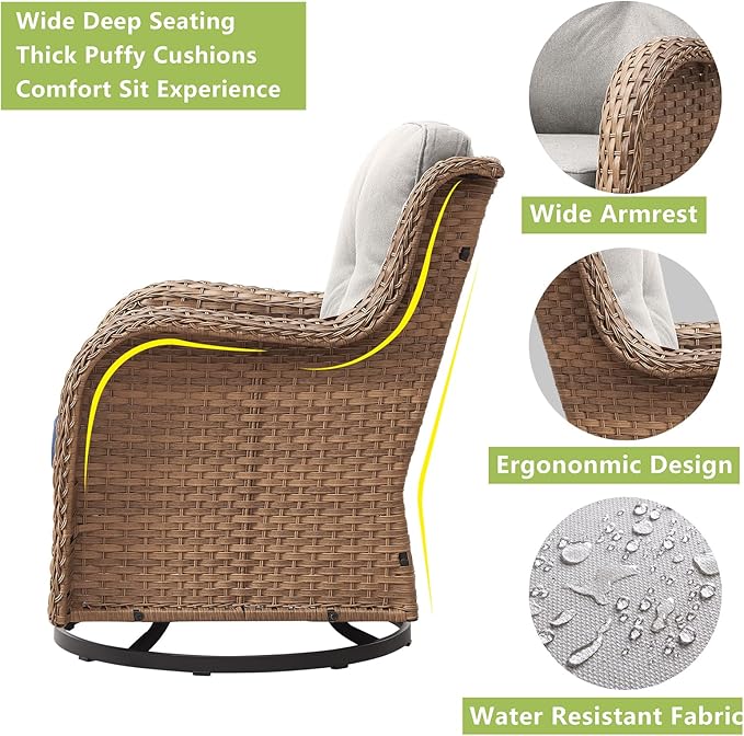 Outdoor Patio Swivel Rocker Chairs - 3 Piece Patio Bistro Set,Wicker Patio Furniture Set with 2 Swivel Rocking Chairs and 1 Glass Top Side Table for Deck Porch Garden,Yellow/Beige