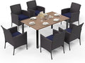 HERA'S HOUSE 7 Pieces Outdoor Dining Set, Outdoor Dining Set for 6, 6 x Cushioned Rattan Chairs, 1 x Rectangular Metal Dining Table with Wood-Look Finish for Patio, Lawn, Garden, Porch