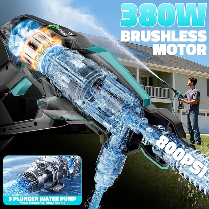 Cordless Pressure Washer, 800PSI Brushless Power Washer with 2 x 4.0Ah Battery, 17FT High Elastic Hose, 6-in-1 Nozzle and Storage Handbag, 3 Power Level Portable Pressure Washer for Home, Car, Garden