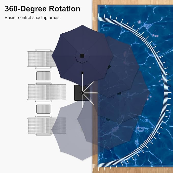 PURPLE LEAF 12ft Patio Umbrella With Base Solar powered LED Cantilever Umbrella with LED lights Windproof Outdoor Offset Umbrella for Garden Deck Pool Patio, Navy Blue