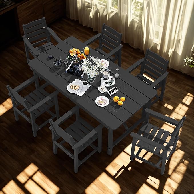 7 Piece Patio Dining Set with 11ft Patio Umbrella (Beige), 7 Black Outdoor HDPE Dining Set with 6 Chairs + 1 Large Table with 2" Umbrella Hole, for Market, Pool, Garden, Backyard, Deck