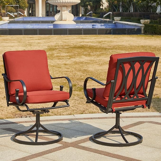 MELLCOM Patio Swivel Chair Set of 8, Heavy Duty Outdoor Dining Chairs with Thickened Cushions, Metal Patio Chairs Gentle Rocker for Outside, Garden Lawn & Porch, Backyard, Red