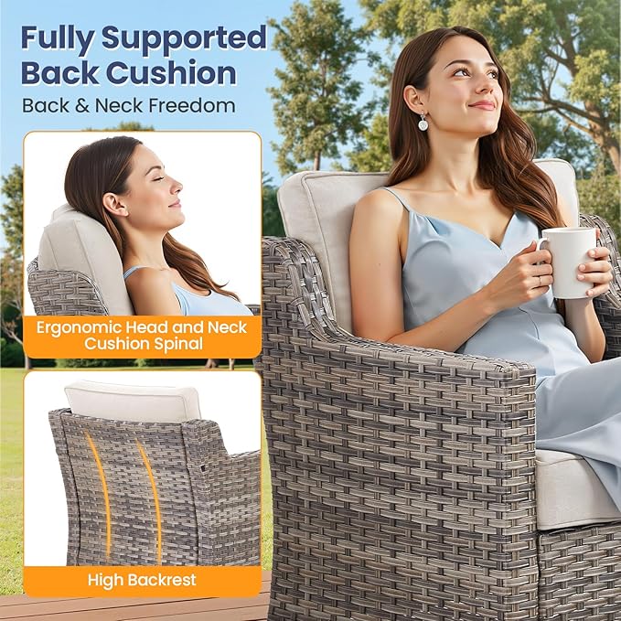Patio Furniture Set, 5 Piece Outdoor Patio Furniture with Swivel Rocking Chairs, Side Table, Rattan Ottomans, Comfy Cushions, Conversation Sets for Garden Porch Deck Backyard