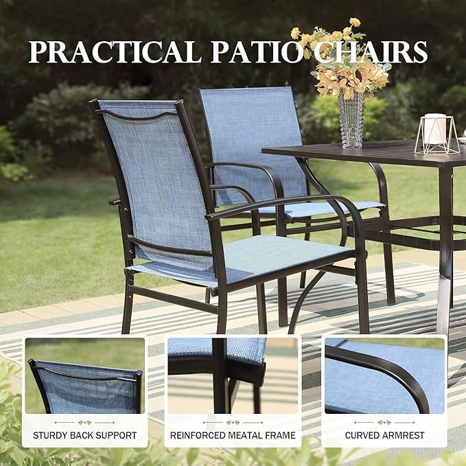 HERA'S HOUSE Patio Dining Chairs Set of 8, 36" Textilene Fabric Outdoor Chairs with Wrought Iron Metal Frame Support 350lbs for Lawn Backyard Garden Kitchen, Blue
