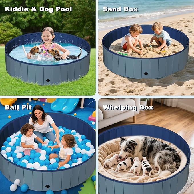 UCCY Foldable Dog Pool for Large Dogs Hard Plastic Kiddie Swimming Pool Non-Slip Portable Dog Bathtubs Collapsible Multi-Use Whelping Box Ball Pit Outdoor Pool for Backyard Duck Pond Grey L-48"x12"