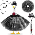Halloween Porch Goose Outfits and Goose Clothes Fits 23" Plastic Cement Statues, Black Goose Outfit Costume with Rose Necklace for Outdoor Patio Yard Lawn Party