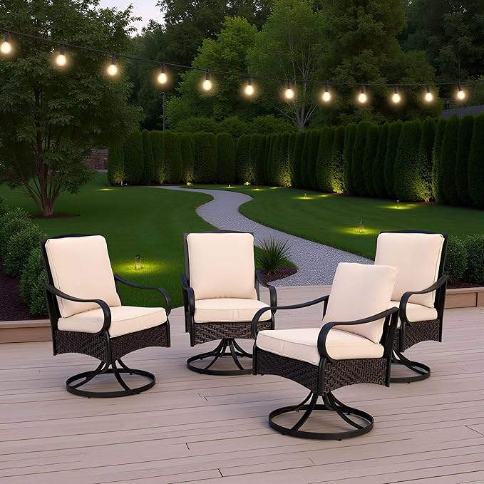 PHI VILLA Outdoor Swivel Chairs Set of 4, Heavy Duty Outdoor Metal Wicker Dining Chair with Thickened Cushions, Large All Weather Wrought Iron Patio Chair for Balcony