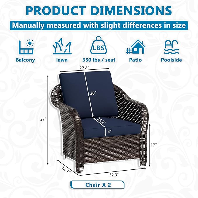 Vista Vibe Outdoor Patio Deep Seat Chairs Set of 2, Washable Cushions, Hand-Woven PE Rattan, All-Weather & Steel Frame, Garden, Bistro, Deck, Yard (Navy)