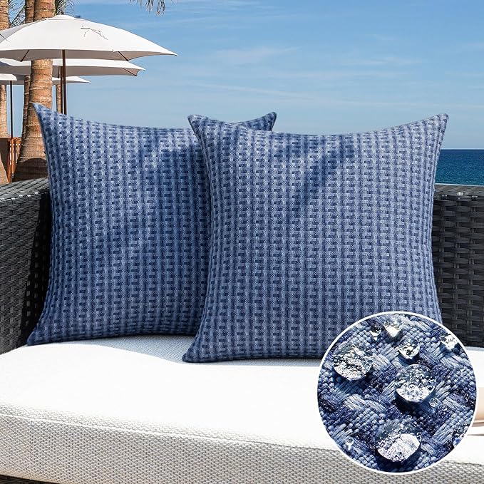 Kevin Textile Outdoor Waterproof Throw Pillow Covers Pack of 2 Farmhouse Decorative Cushion Covers for Garden Patio Tent Balcony Bench Couch Sofa 20x20 Inch, Navy Blue