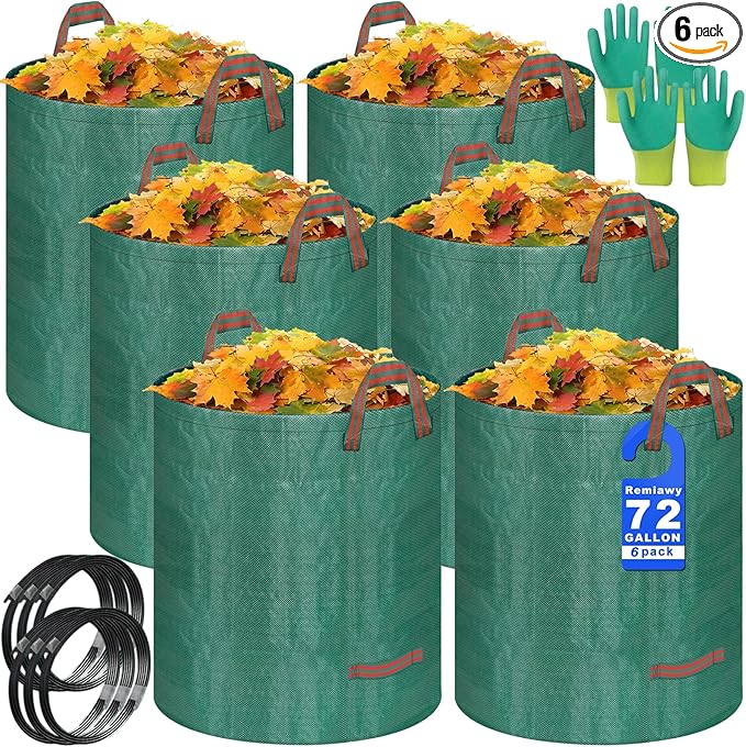 Reusable Yard Waste Bags, 72 Gallon Lawn and Leaf Bags, 6 Pack Garden Weed Bag, Standable&Collapsible Outdoor Trash Bags with 4 Handles, Camping Yard Recycling Heavy Duty Bags with 2 Pair of Gloves