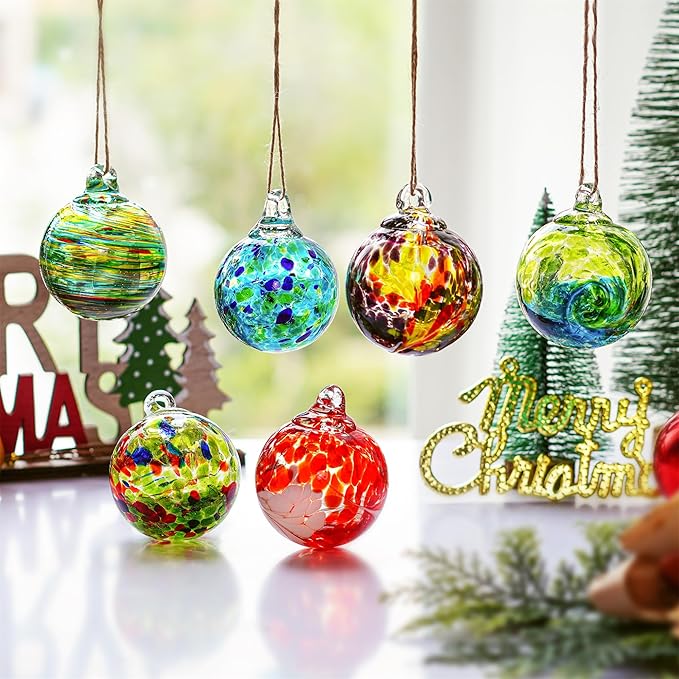 QFkris 6 Pack Hand Blown Glass Ornament for Christmas Tree, 2.3" Hanging Gazing Ball Witch Balls Glass Friendship Gift for Indoor Window Garden Outside Home Decor for Women