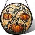 Stained Glass Window Hanging - Halloween Decoration Orange Pumpkin Vine Leaves Suncatcher for Door Garden Spooky Sun Catchers Gothic Decor Horror Gifts for Women Men Friend Boy Girl 11.8 in