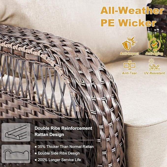 9 Pieces Patio Furniture Set Outdoor Sectional Sofa Couch with Rocking Swivel Chairs 5" Deep Seat Chairs, Modern Wicker Rattan Conversation Set, Beige/Brown Wicker