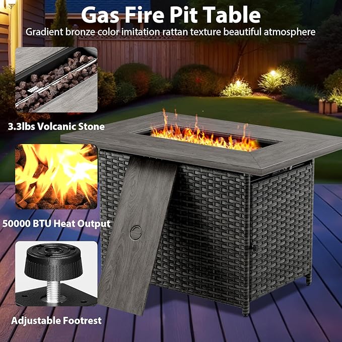 4 Piece Wicker Patio Furniture with Fire Pit Table - Outdoor Conversation Set with 50,000 BTU Fire Pit, All Weather Rattan Patio Set for Deck Backyard Garden - Grey Wicker Blue Cushion