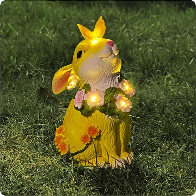 Solar Resin Rabbit Garden Outdoor Statue – Yellow Bunny Figurines with LED Floral Wreath & Butterfly, Decor for Patio Lawn Porch Yard Ornaments for Mom Grandma Wife