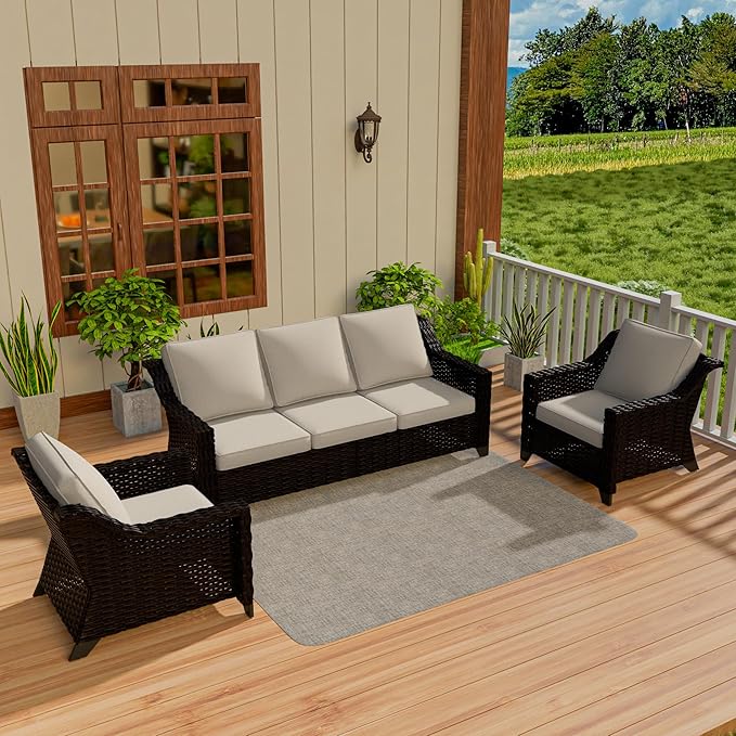 Vista Vibe 3 Pieces Outdoor Patio Conversation Furniture Set - 78" 3-seat Sofa | 2 Wicker Chairs, Deep Seat Loveseat, Removable Cushions, Hand-Woven PE Rattan Couch, Balcony (Brown/Beige)