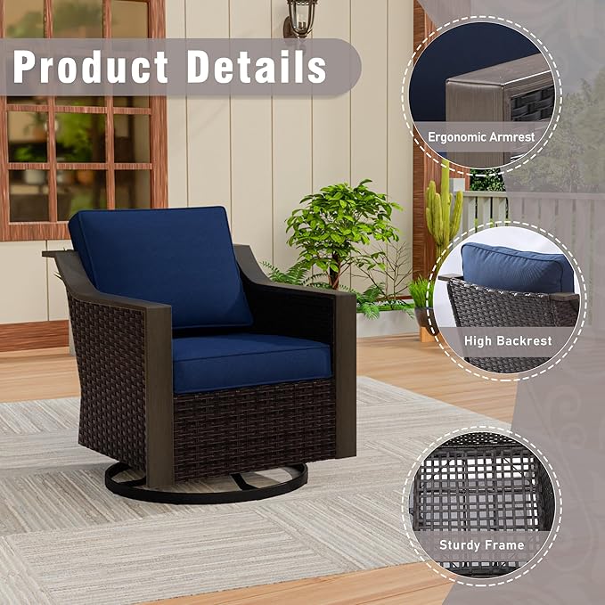 Outdoor Wicker Swivel Chair Set of 2, All-Weather Use Patio Rattan Chair with Removable Water-Resistant Cushion, Ideal for Porch, Backyard, Balcony, Poolside, Blue
