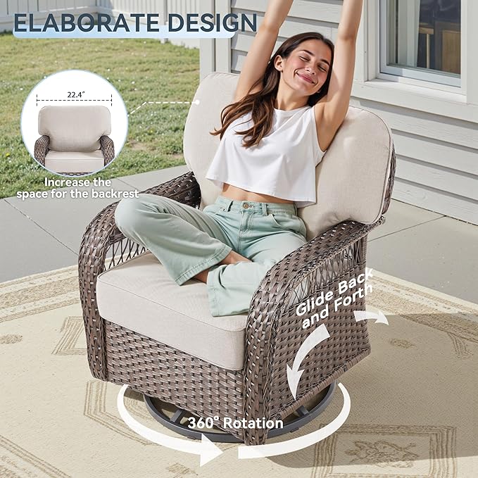 Outdoor Swivel Rocker Chairs - Patio Rocking Chairs Set of 2, Wicker Patio Set with 5" Thick Cushion, Rattan Patio Swivel Rocking Chairs for Porch, Deck, Backyard Beige/Brown
