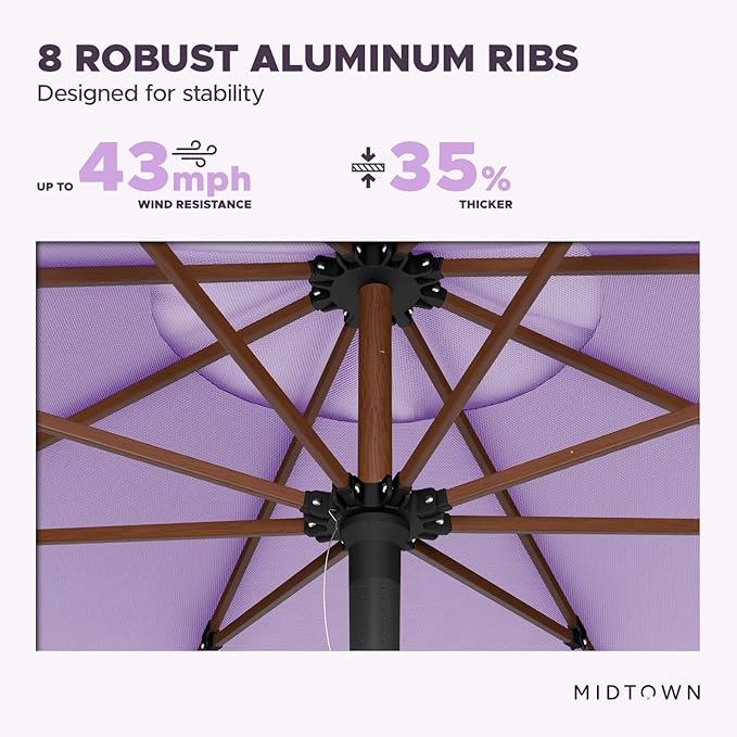 Midtown Umbrellas The Wooden 9 Feet Patio Umbrella With Terylast Midtown Purple Polyester Fabric - Aluminum Frame Market Umbrella For Backyard, Deck, Garden, Pool - Wooden Pole