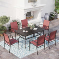 7 Piece Patio Dining Set for 6, Rectangular Metal Dining Table with Umbrella Hole and 6 Chairs, Outdoor Table and Chairs Set for Lawn Backyard and Deck, Red