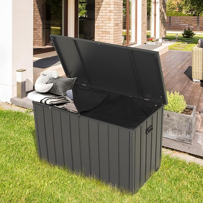 Outdoor Storage Box, 200 Gallon Metal Deck Box Built-in a Oxford Fabric Storage Bag, Lockable & Waterproof Outside Patio Storage Box - Gray