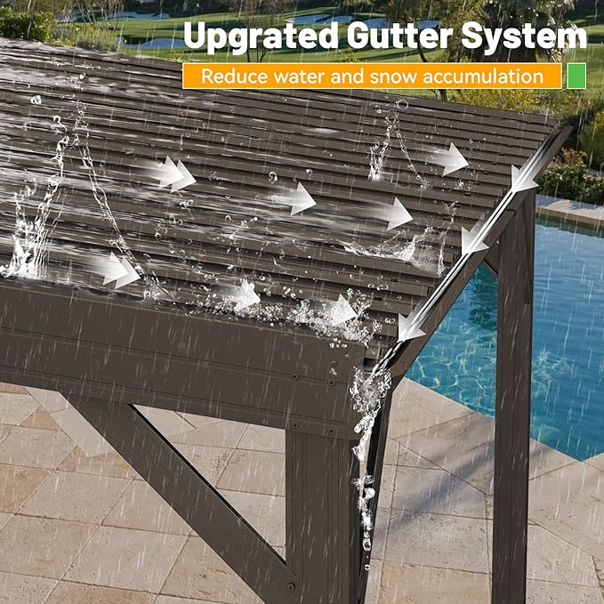 10x12FT Lean to Gazebo, Outdoor Hardtop Wall Mount Gazebo with Gutter & Sloping Galvanized Steel Roof, Metal Hard Top Awnings for Deck, Porch, Backyard-Brown