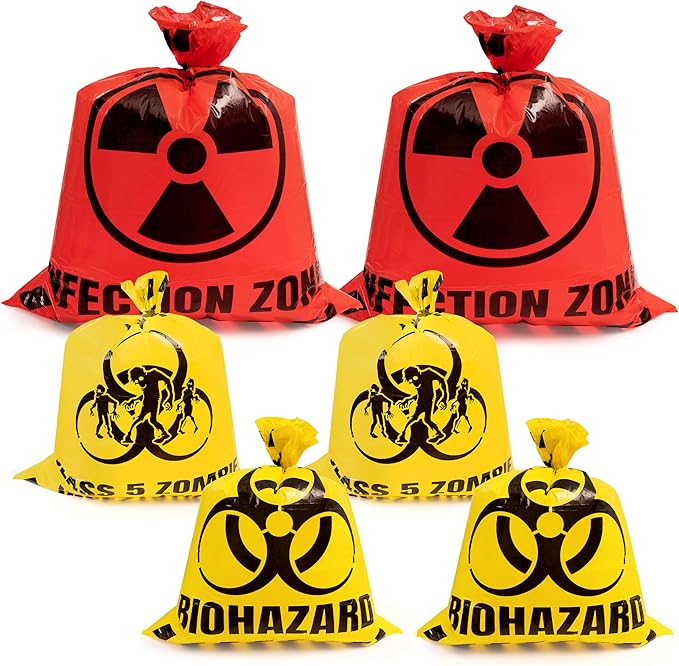 CNhoqc Halloween Lawn Trash Bags - 24Pcs Zombie Warning Reusable Waste Bags with Twist Ties, Fallen Leaf Grass Clipping Trash Container, Heavy-Duty Plastic for Biohazard Parties Outdoor Decorations