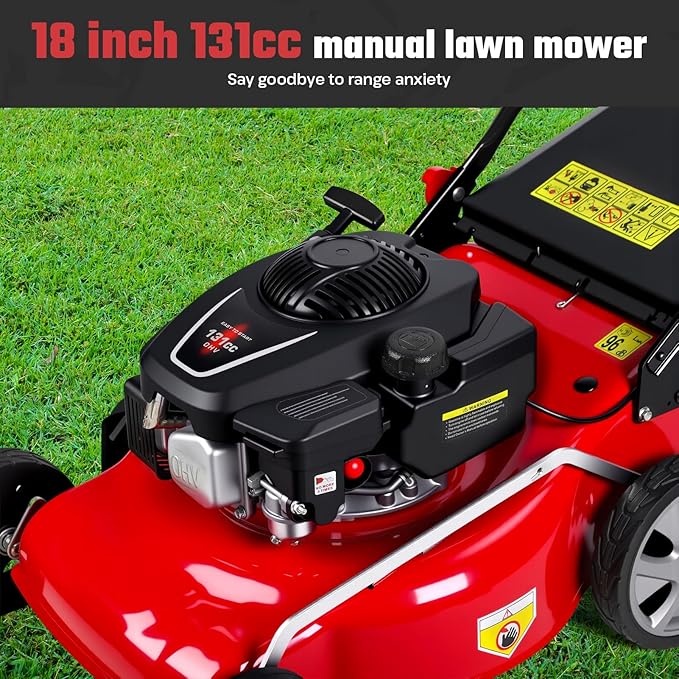 Lawn Mower Gas, Self Propelled 18-Inch 131cc Lawn Mowers & Tractors, 3-in-1 Gas-Powered Lawnmower with 50L Bag, Mulching and Side Discharge, Adjustable Cutting Height, Easy Start for Yards