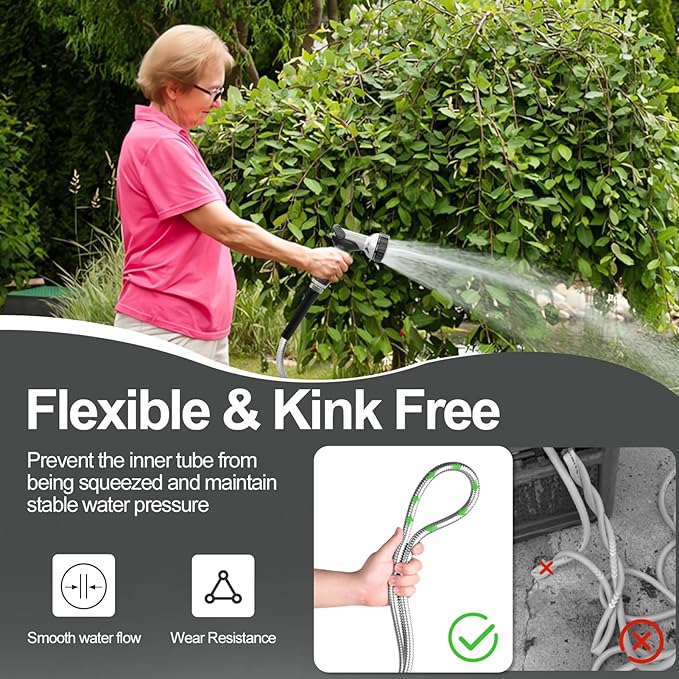SPECILITE 175ft 304 Stainless Steel Garden Hose Metal, Heavy Duty Water Pipe with Nozzles for Yard, Outdoor - Flexible, Never Kink & Tangle, Puncture Resistant (Sliver)