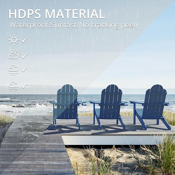 LUE BONA HDPS Adirondack Chairs Set of 8, Fire Pit Outdoor Chair Weather Resistant with Cup Holder, Modern Plastic Chair Plastic for Patio, Deck, Proch, 350LBS, Navy Blue