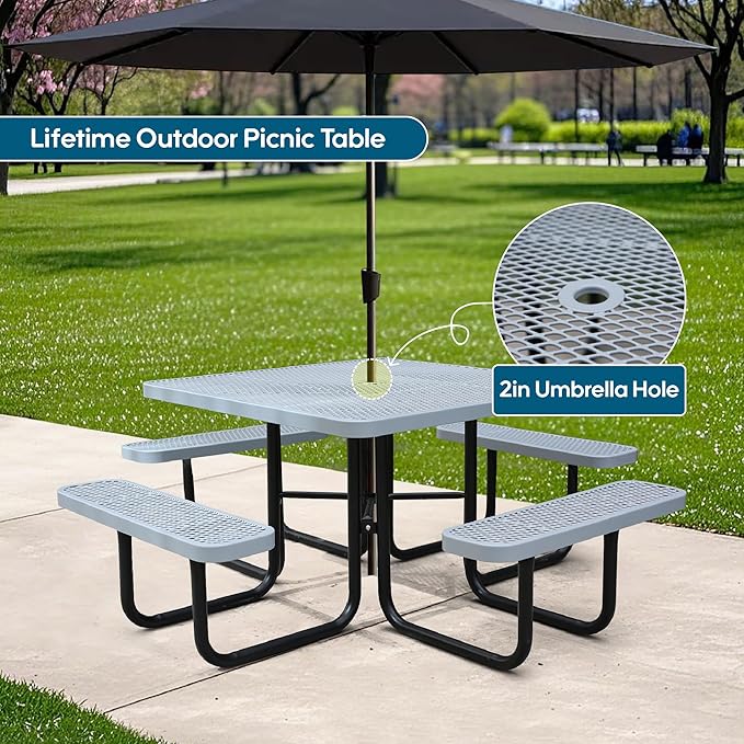 46Inch Square Picnic Table for 8 Person, Outdoor Heavy Duty Sturdy Picnic Tables with 4 Benches & Umbrella Hole, Commercial Metal Patio Picnic Table for Garden, BBQ, Coffee Store, Party, Porch (Grey)