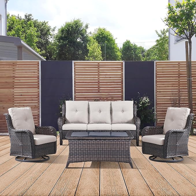 4 Piece Patio Furniture-All-Weather PE Wicker Outdoor Patio Furniture with Swivel Rocker Chairs,Outdoor Couch, Set with Coffee Table-Brown/Beige