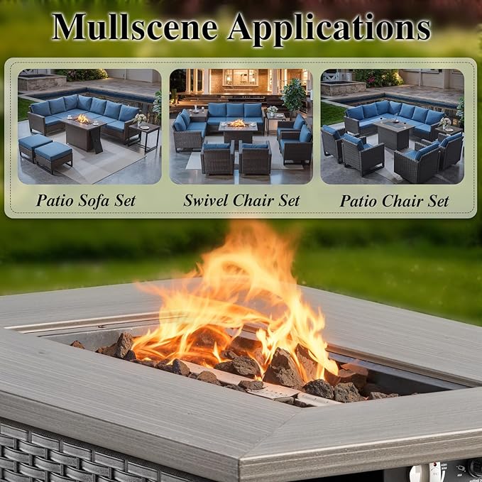 HUMMUH 7 Piece Patio Furniture Set with Fire Pit 41in 55,000 BTU,Wicker Outdoor Conversation Sets - Patio Swivel Chairs Sofa Ottomans,Side Table for Porch,Garden,Backyard