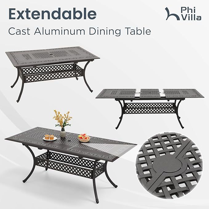 PHI VILLA 7 Pieces Outdoor Expandable Cast Aluminum Dining Set for 6, Extendable Metal Table with Umbrella Hole & Cushioned Wicker Chairs, Dining Furniture Set for Patio, Deck, Yard and Porch