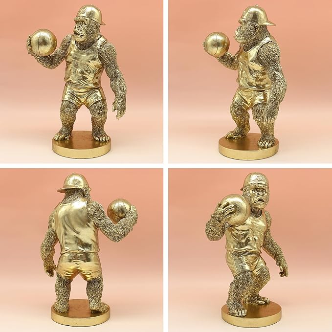 Lukitas Gorilla Playing Basketball Figurine Decor, Kingkong Statue and Sculpture Decor, Creative Decoration for Living Room Office, Golden, Resin 13.5''